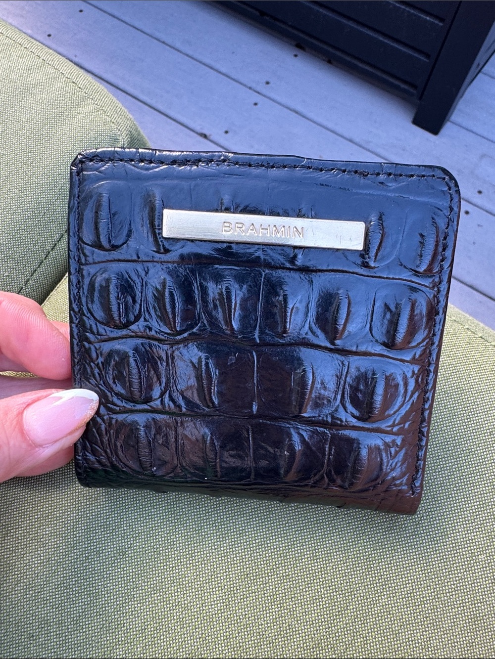 Brahmin Black Croc-Embossed Leather Card Holder with Metal Logo